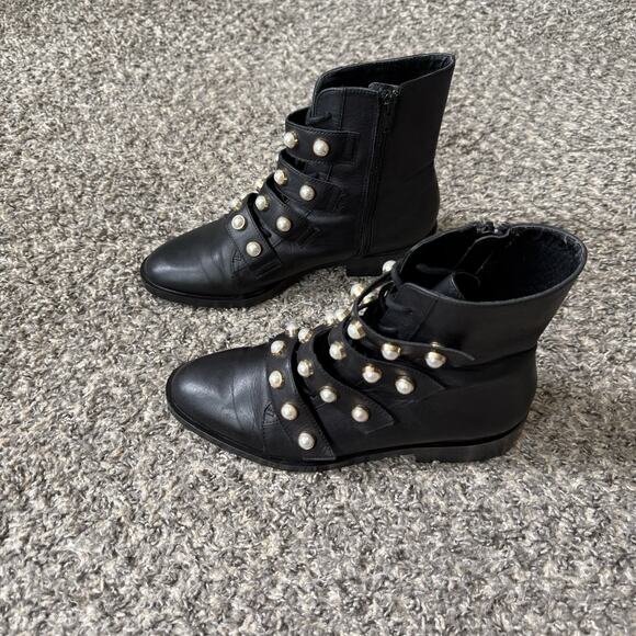Zara Leather COMBAT Boots Black Pearl DECOR Strap Lace up Zip EU 37 US 6.5 READ - Picture 4 of 11